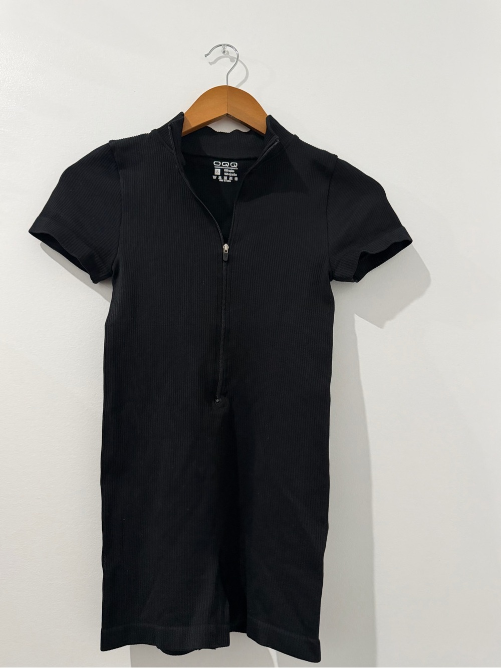 Everyday Black Ribbed Zip-Front Short-Sleeve Romper